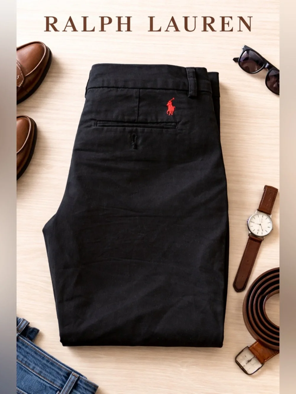 Boys Ralph Lauren Black Chino Pants with Red Pony Embroidery